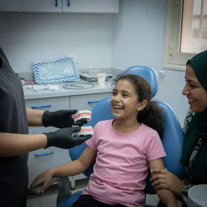 طفلة بتضحك على كرسي الأسنان ومامتها جنبها والدكتور بيوريها موديل سنان